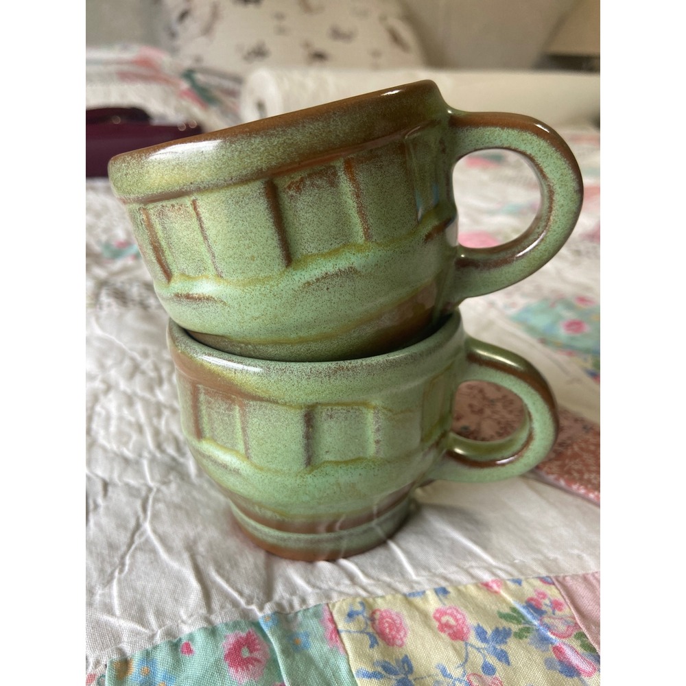Frankoma Pottery Praire Green Wagon Wheel Coffee Mugs Set of 2 Vintage 94C Green